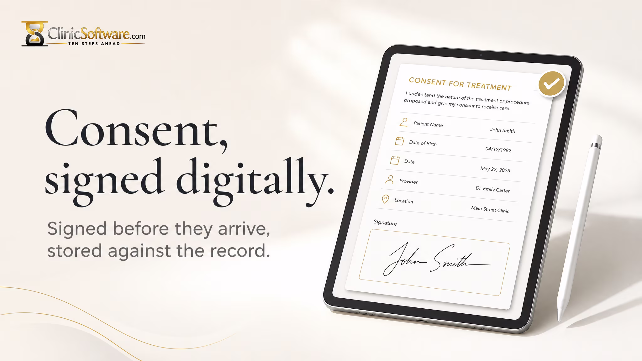 Signed digital consent form on a tablet, stored on the client record